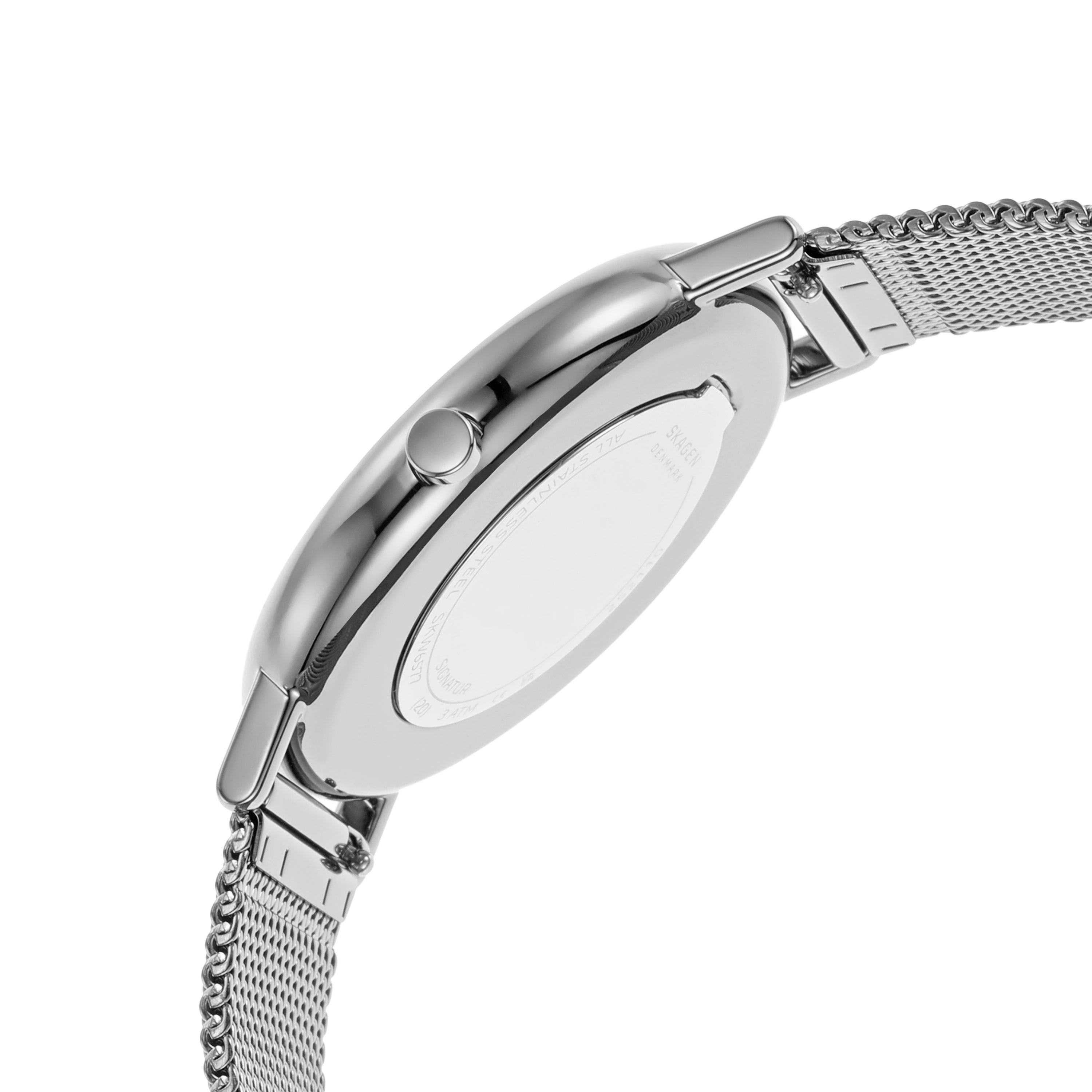 Sleek silver wristwatch with a mesh metal band and round face.