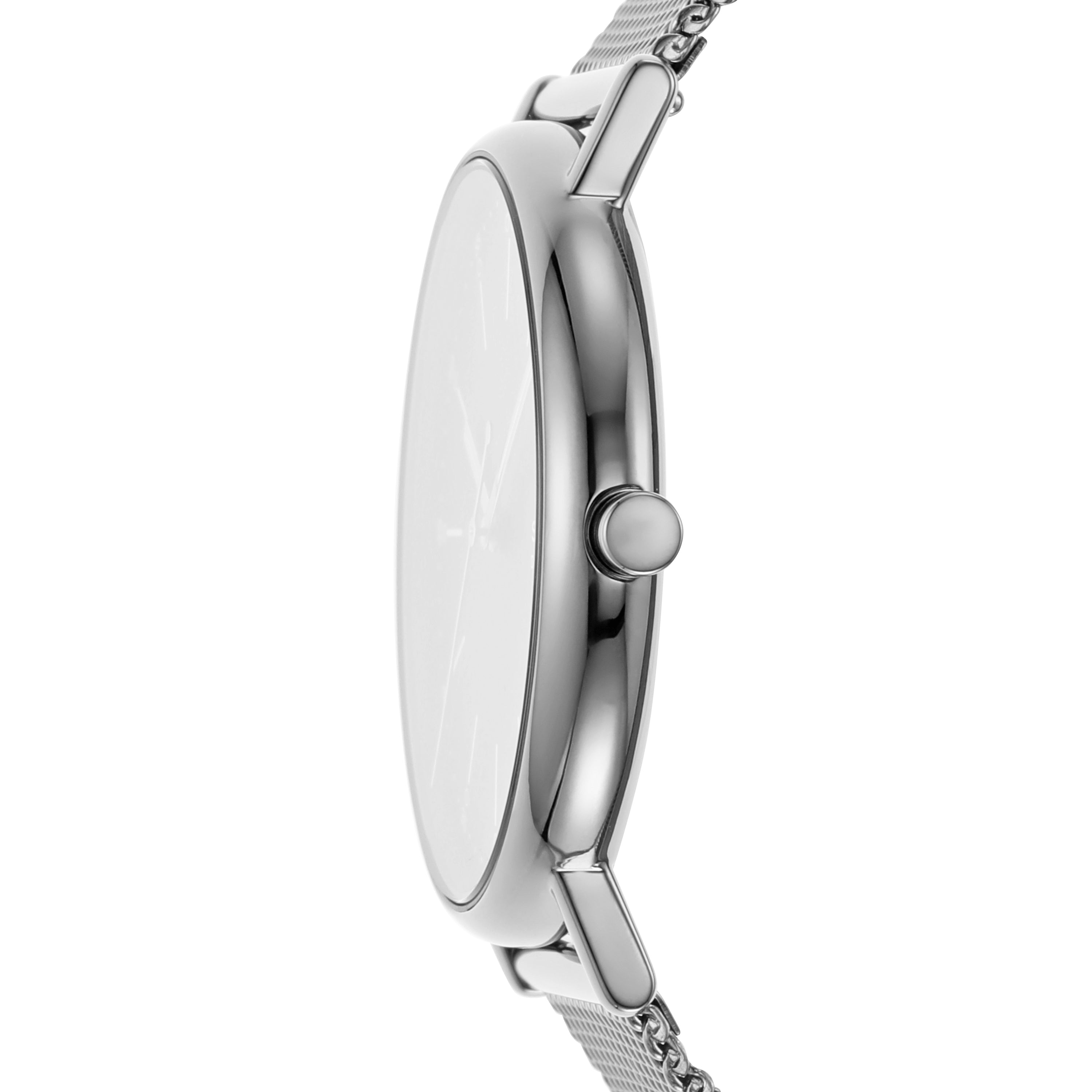 Sleek silver wristwatch with a round face and mesh metal band.