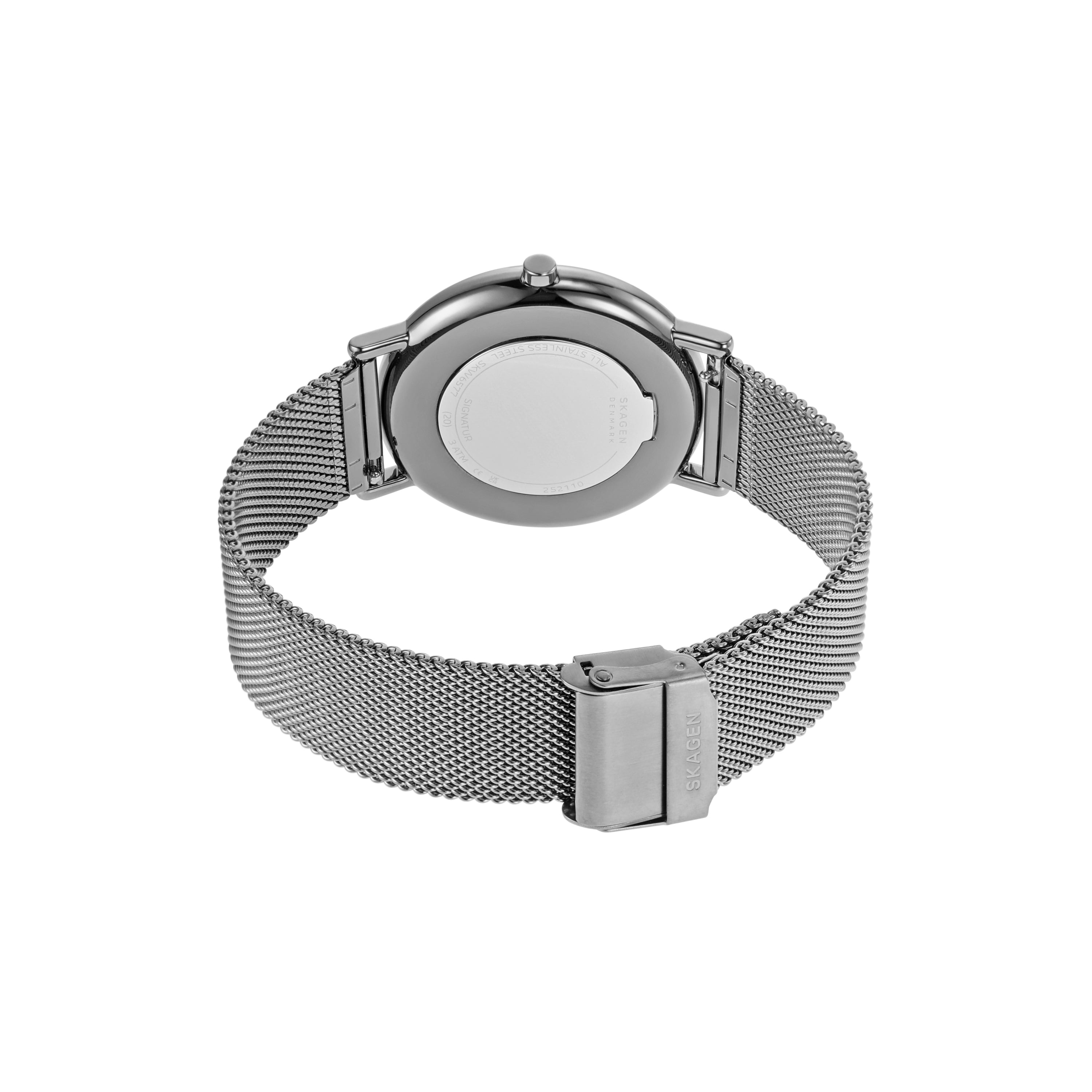 Silver mesh watch band with a clasp.