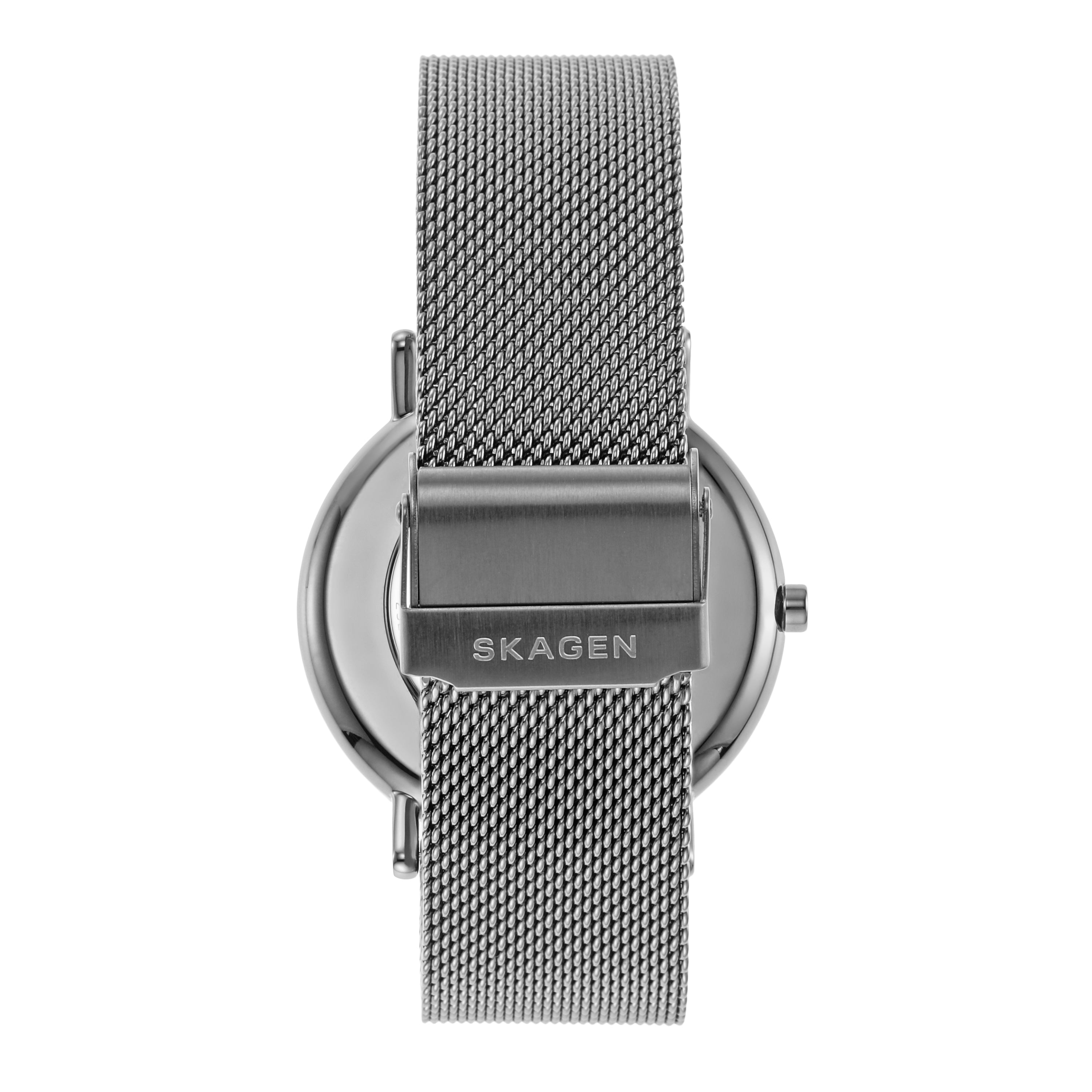 Stainless steel mesh watch band with a clasp bearing the Skagen brand name.