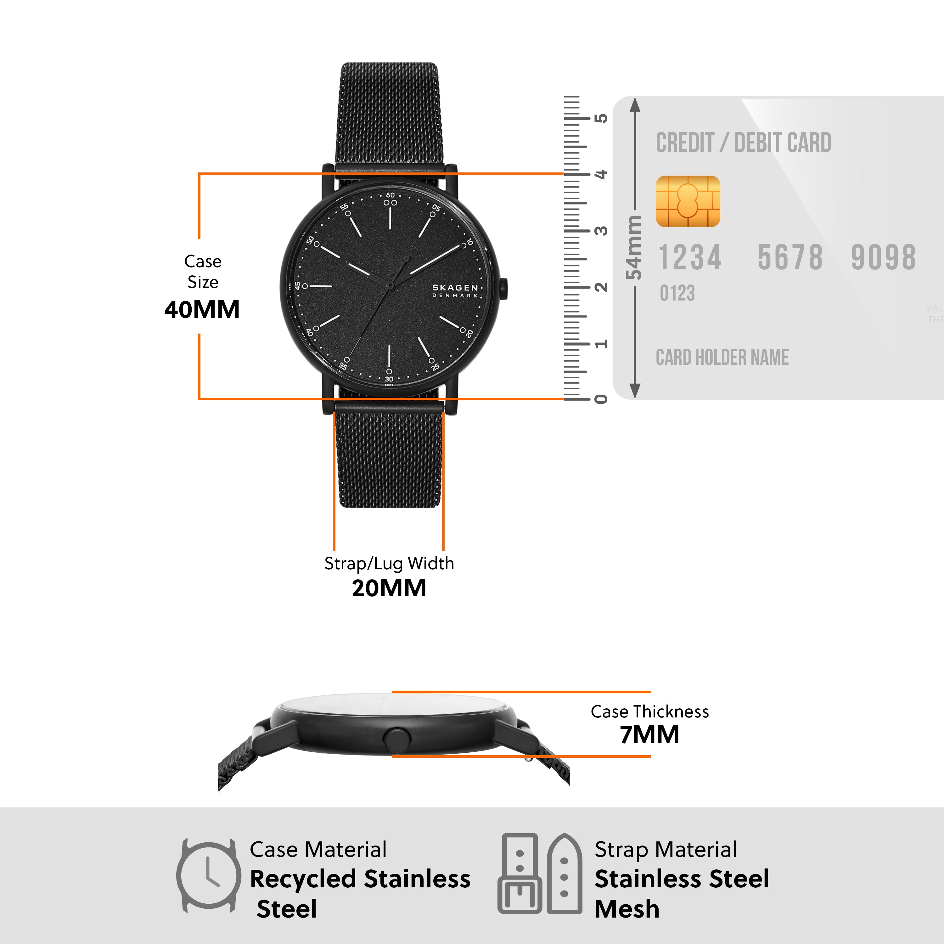 Sleek black wristwatch with a mesh strap and minimalist dial design.