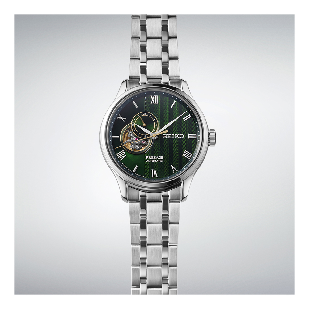 Seiko Presage Green Dial Elegant Japanese Garden Open Heart Watch SSA463J