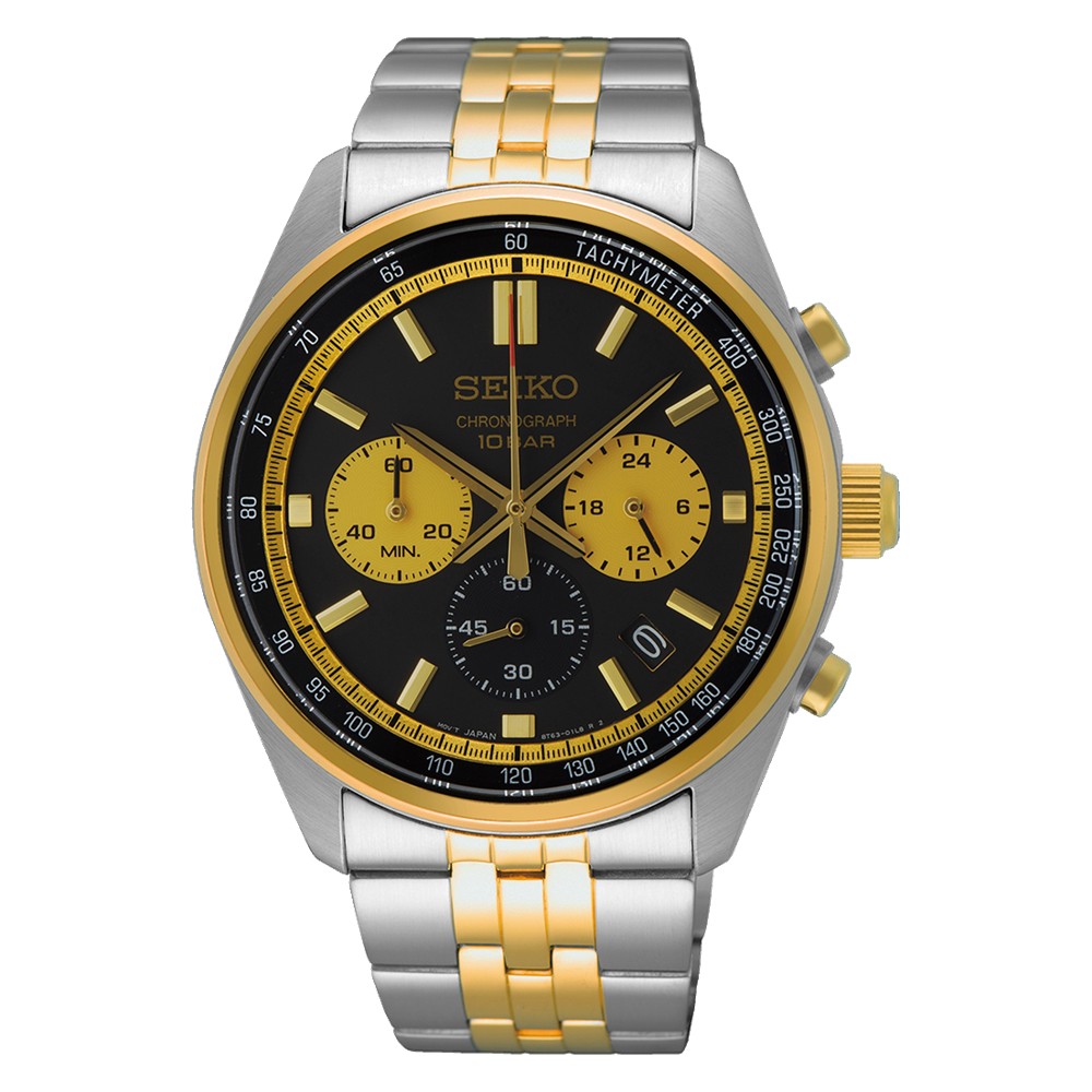 Luxury wristwatch with a black dial, gold accents, and two-tone metal bracelet.