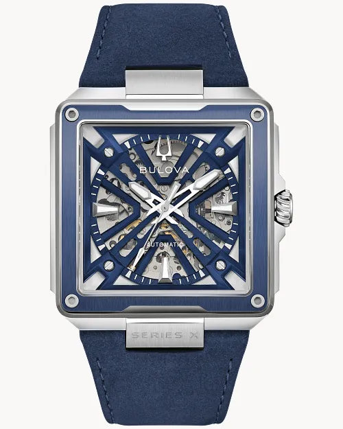 Bulova Series X 98A342 automatic men's watch with slate blue skeleton dial, blue bezel insert and blue suede strap — front view