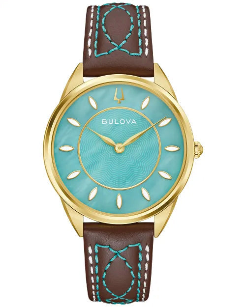 Bulova Sutton 97L203 women's watch with turquoise mother-of-pearl dial and tobacco brown leather strap — front view