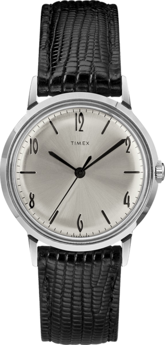 Timex Marlin 1965 Reissue, silver dial, black leather strap