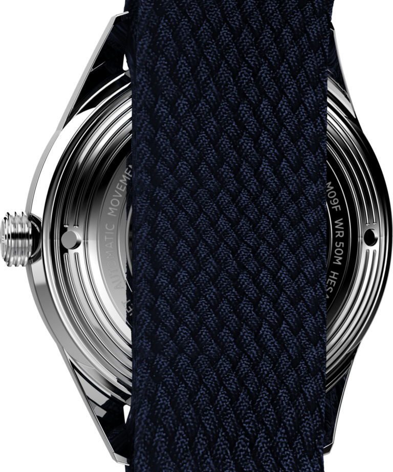 Close-up of the caseback and strap on Timex Marlin® Jet Automatic 38mm Fabric Strap Watch TW2V72300.