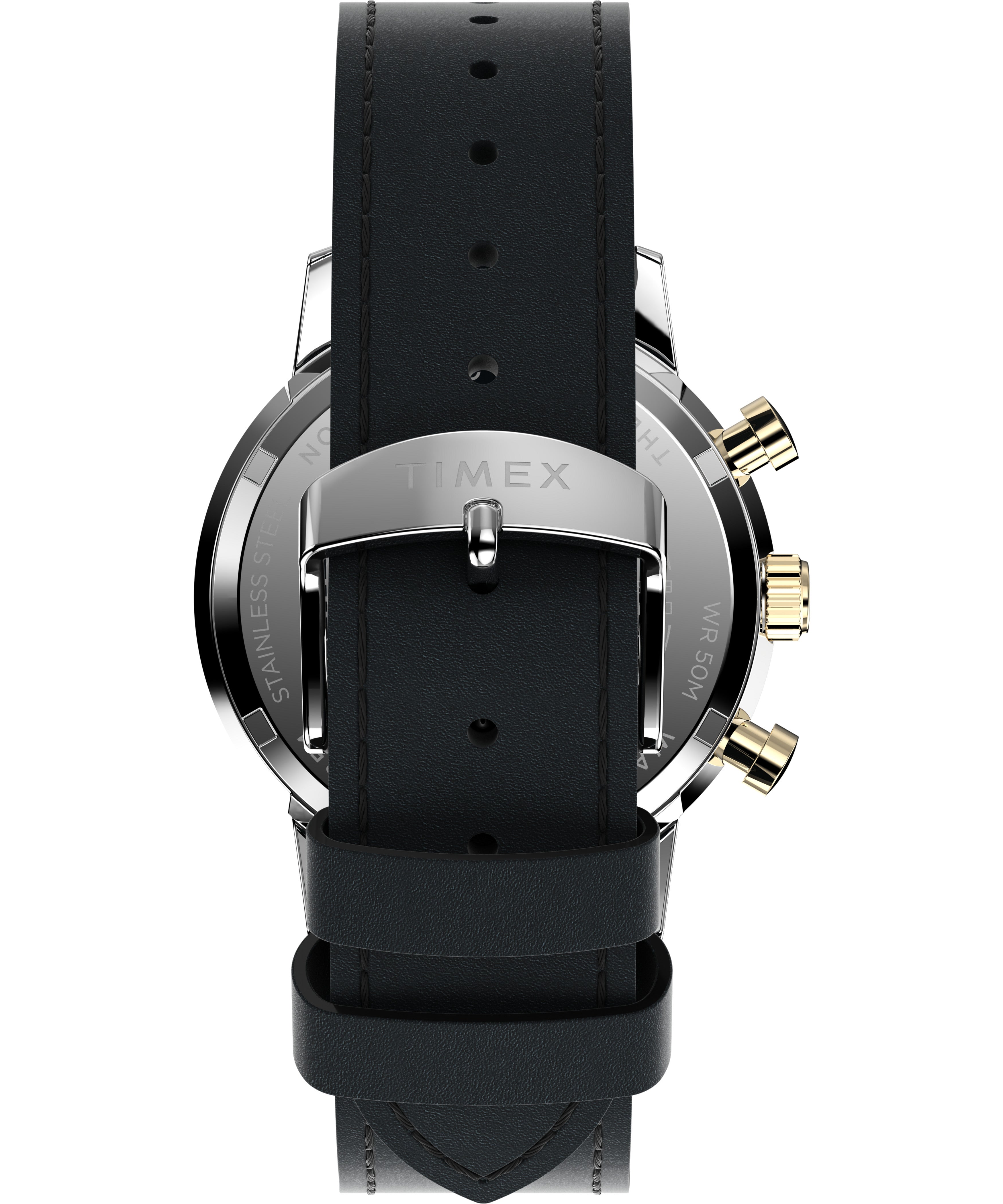 Wristwatch with a black leather strap and silver-toned case.