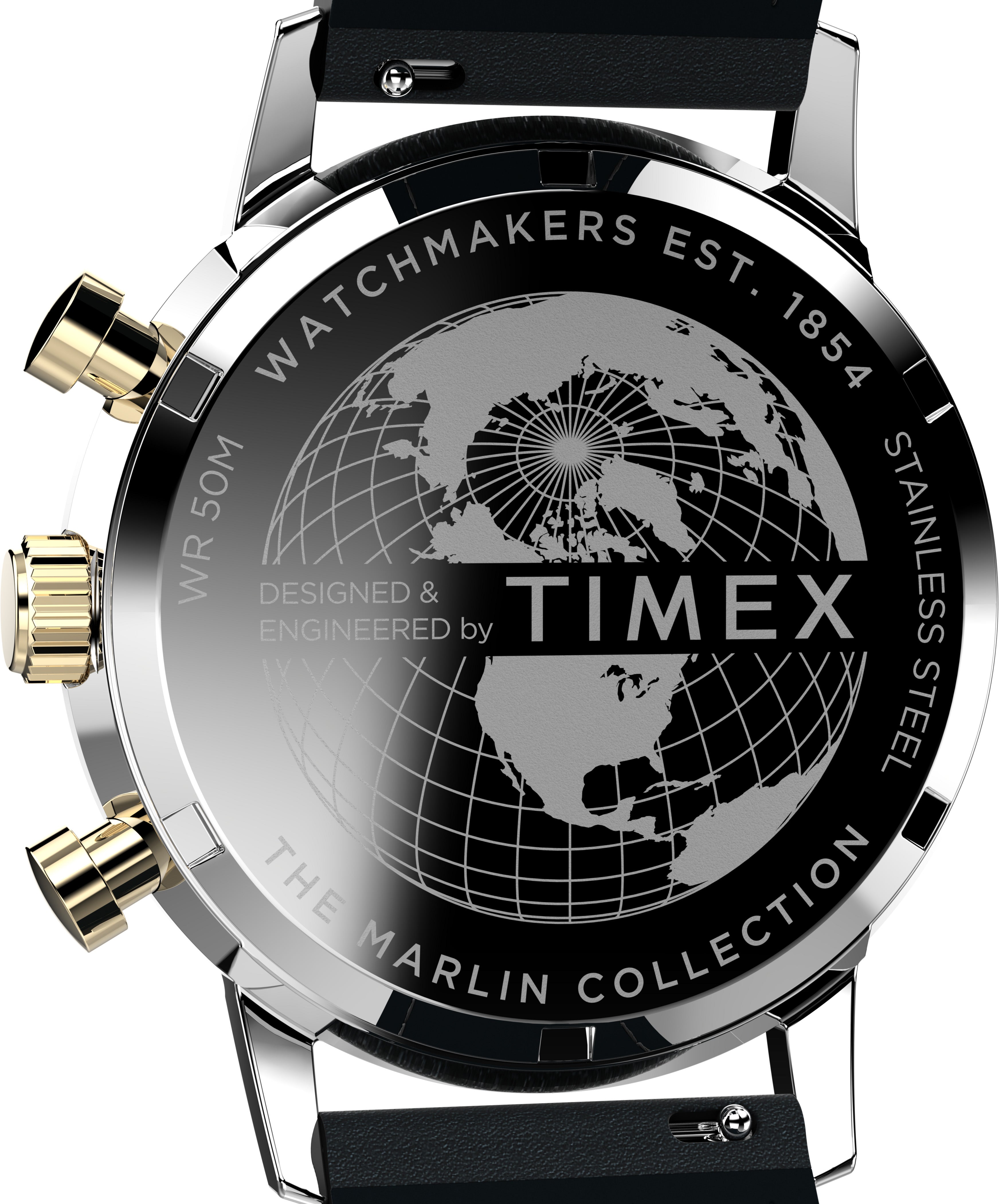 Back of a Timex watch featuring a world map design and text engraving.
