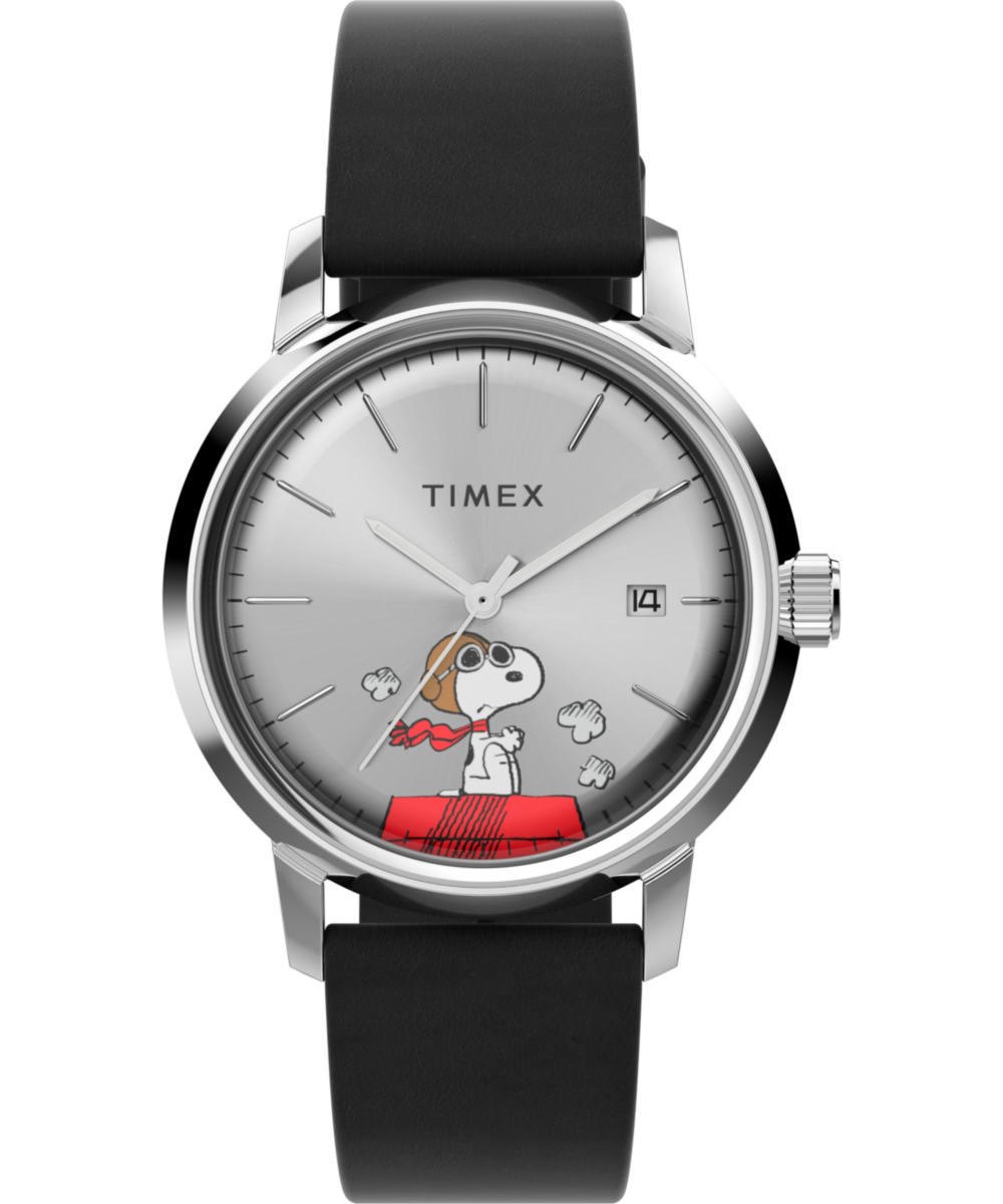Timex Marlin Automatic Peanuts Snoopy Flying Ace Black Leather Watch TW2W49600