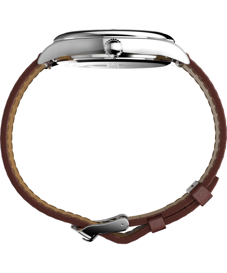 Side view of Timex Legacy Quartz Blue Dial Day-Date Leather Band Watch TW2W57200 with brown leather strap.