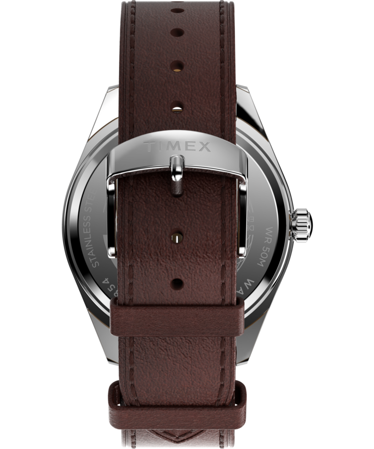 Rear view of Timex Legacy Quartz Blue Dial Day-Date Leather Band Watch TW2W57200 with brown strap and buckle.