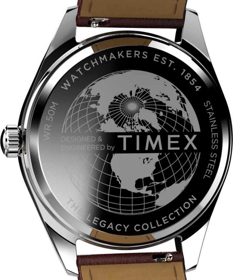Back case detailing of Timex Legacy Quartz Blue Dial Day-Date Leather Band Watch TW2W57200 in stainless steel.