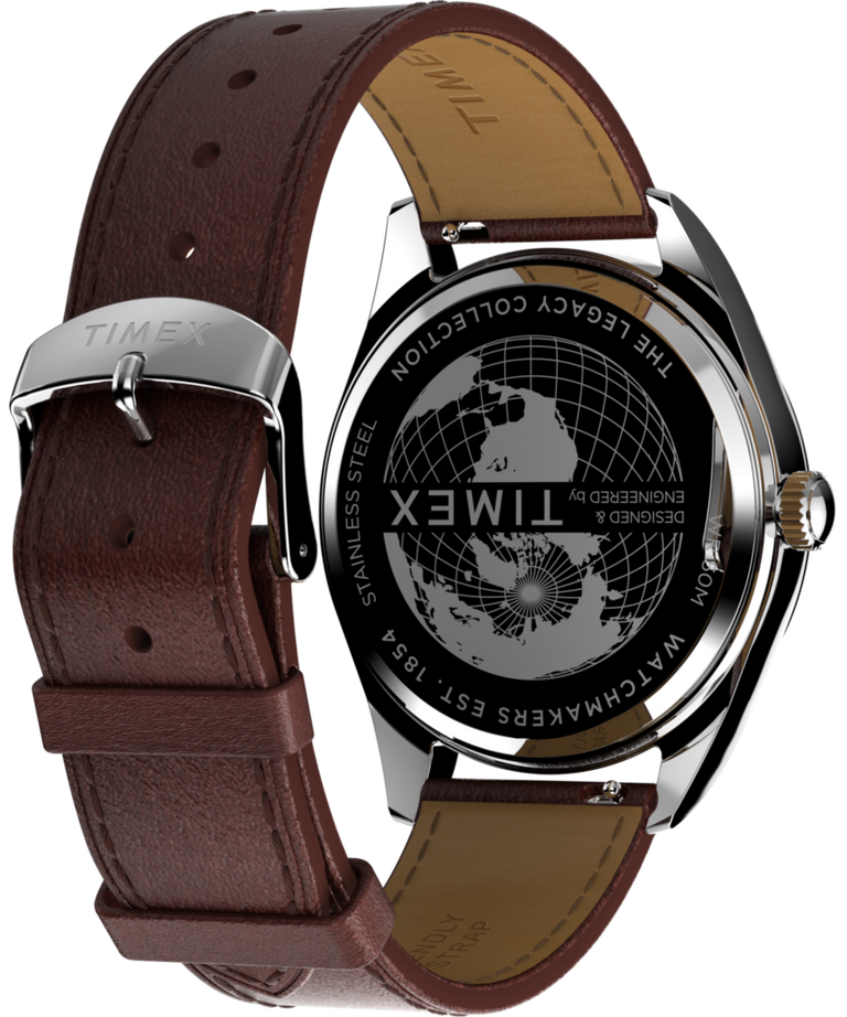 Back view of Timex Legacy Quartz Blue Dial Day-Date Leather Band Watch TW2W57200 with brown leather strap.