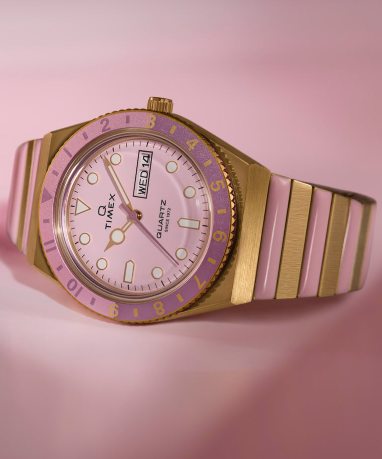 Timex Q Time 36mm Pink Stainless Steel Expansion Band Women's Watch TW2W87600