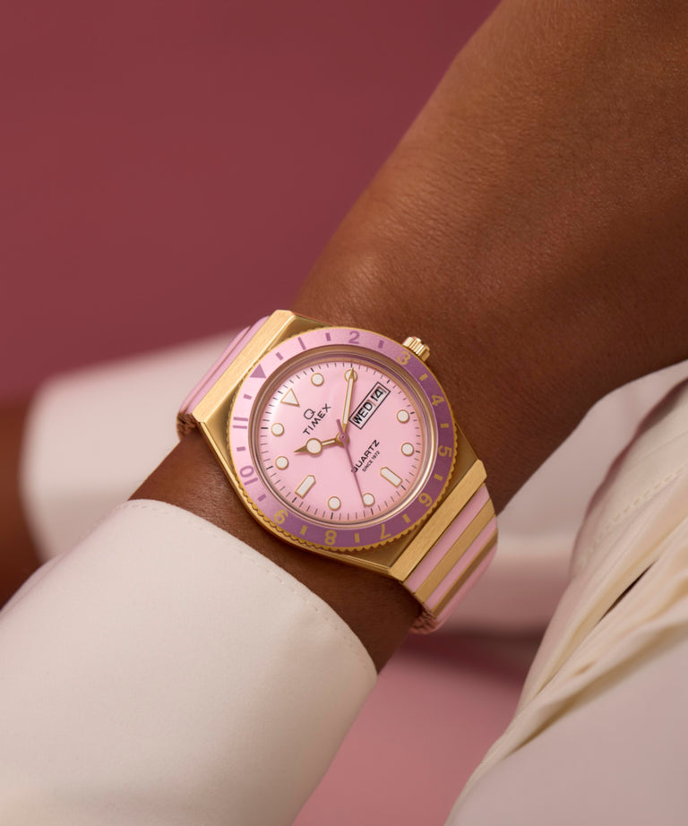 Timex Q Time 36mm Pink Stainless Steel Expansion Band Women's Watch TW2W87600