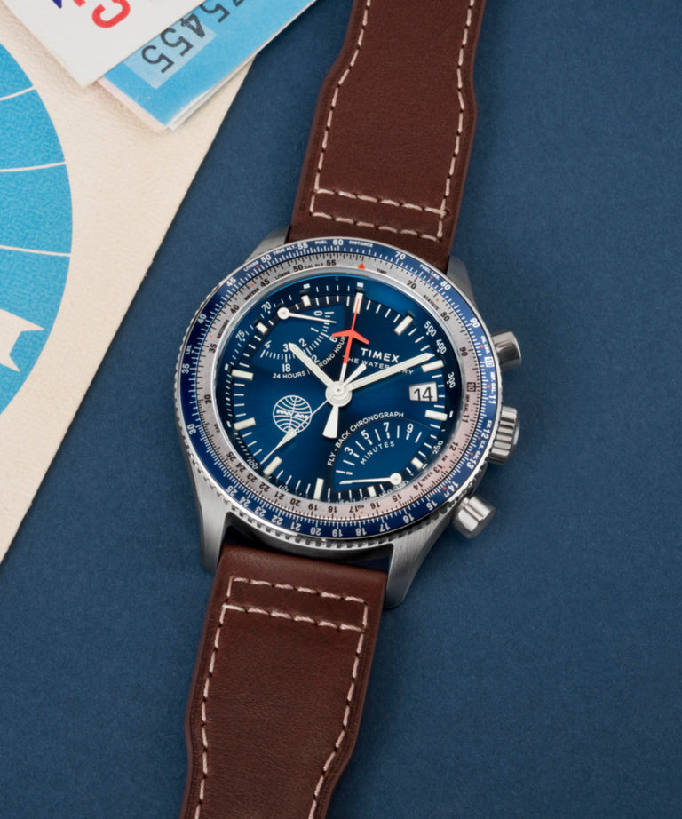 Timex Waterbury Fly Back Chronograph x Pan Am® Brown Leather Watch TW2W97200