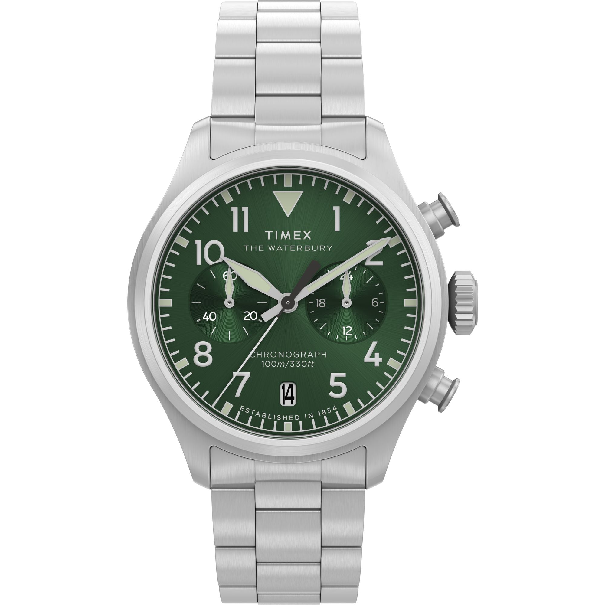 Timex Waterbury Chronograph Green Dial Stainless Steel Strap Watch TW2
