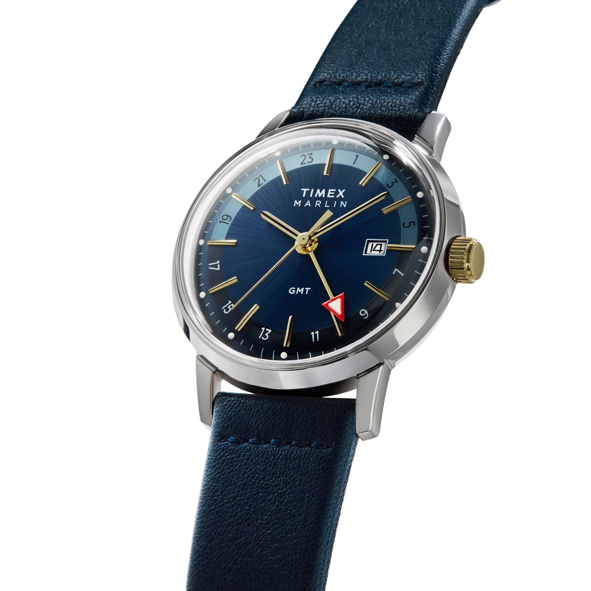Timex Marlin Quartz Blue Dial 40mm GMT Leather Strap Watch TW2Y47900