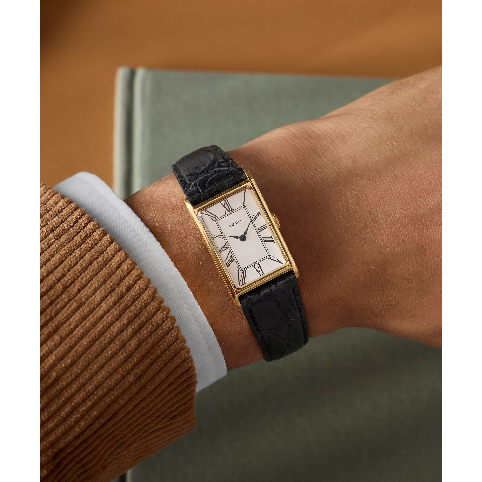 Timex Dress 1976 Reissue Gold Rectangle Black Leather Band Watch TW2Y56200