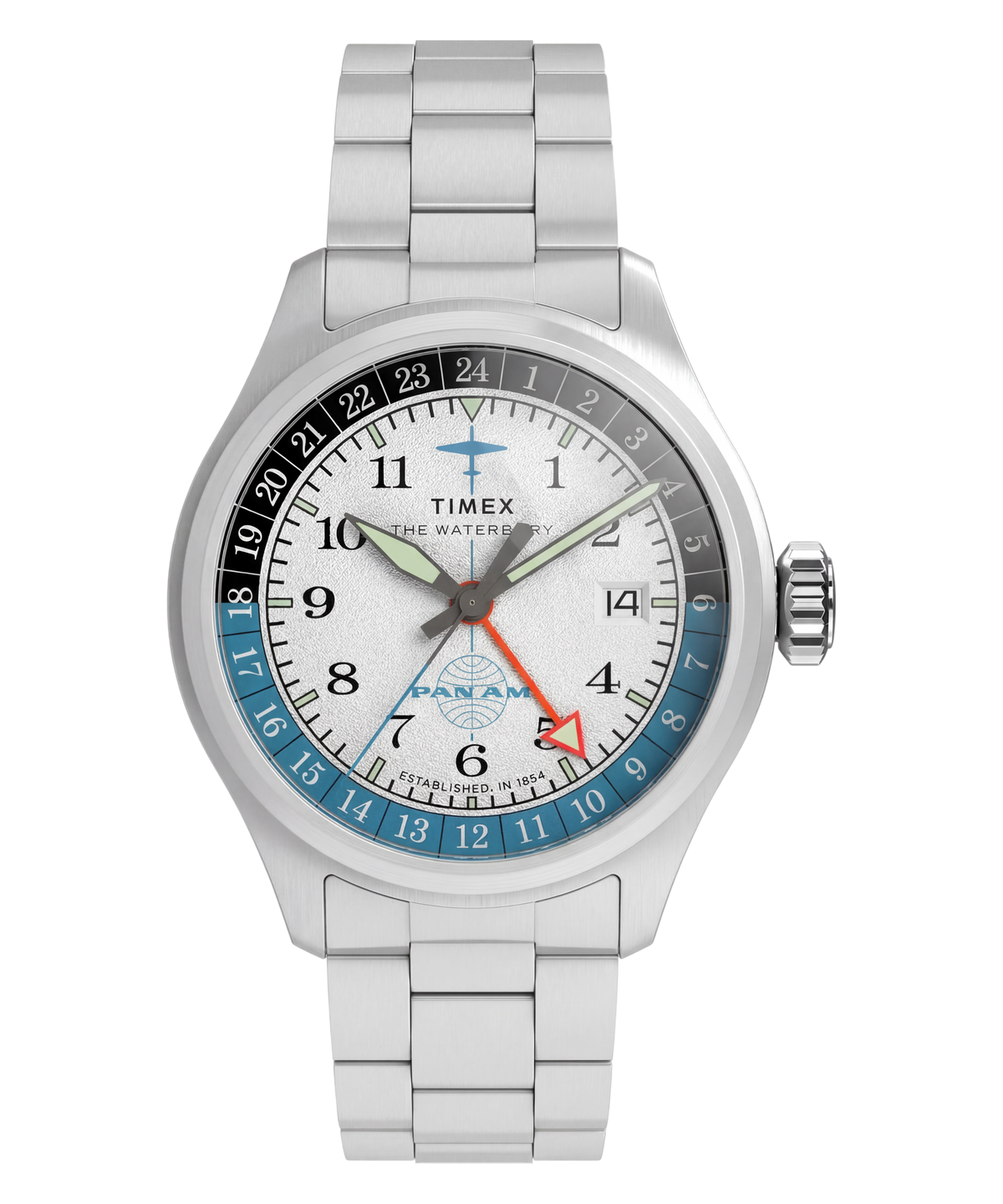 Timex Waterbury Pan Am GMT 41mm Silver Dial Steel Bracelet Watch TW2Y94600