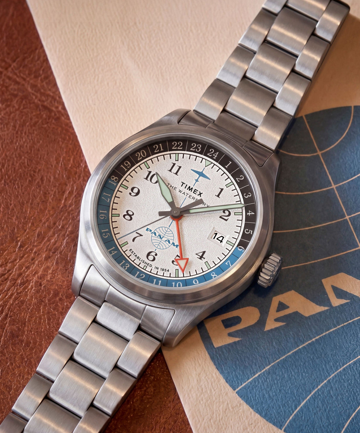 Timex Waterbury Pan Am GMT 41mm Silver Dial Steel Bracelet Watch TW2Y94600