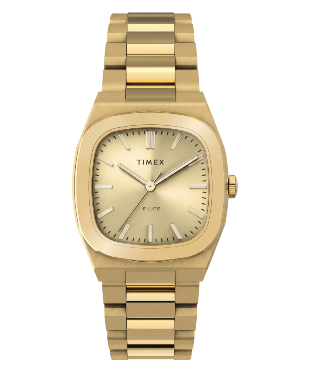 Timex E Line TW6A00900 gold-tone watch with champagne dial and gold-tone stainless steel bracelet, straight-on view