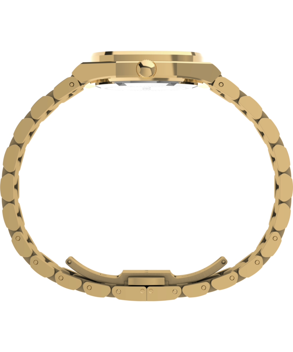 Angled view of the Timex E Line TW6A00900 rounded square gold-tone case and champagne sunray dial