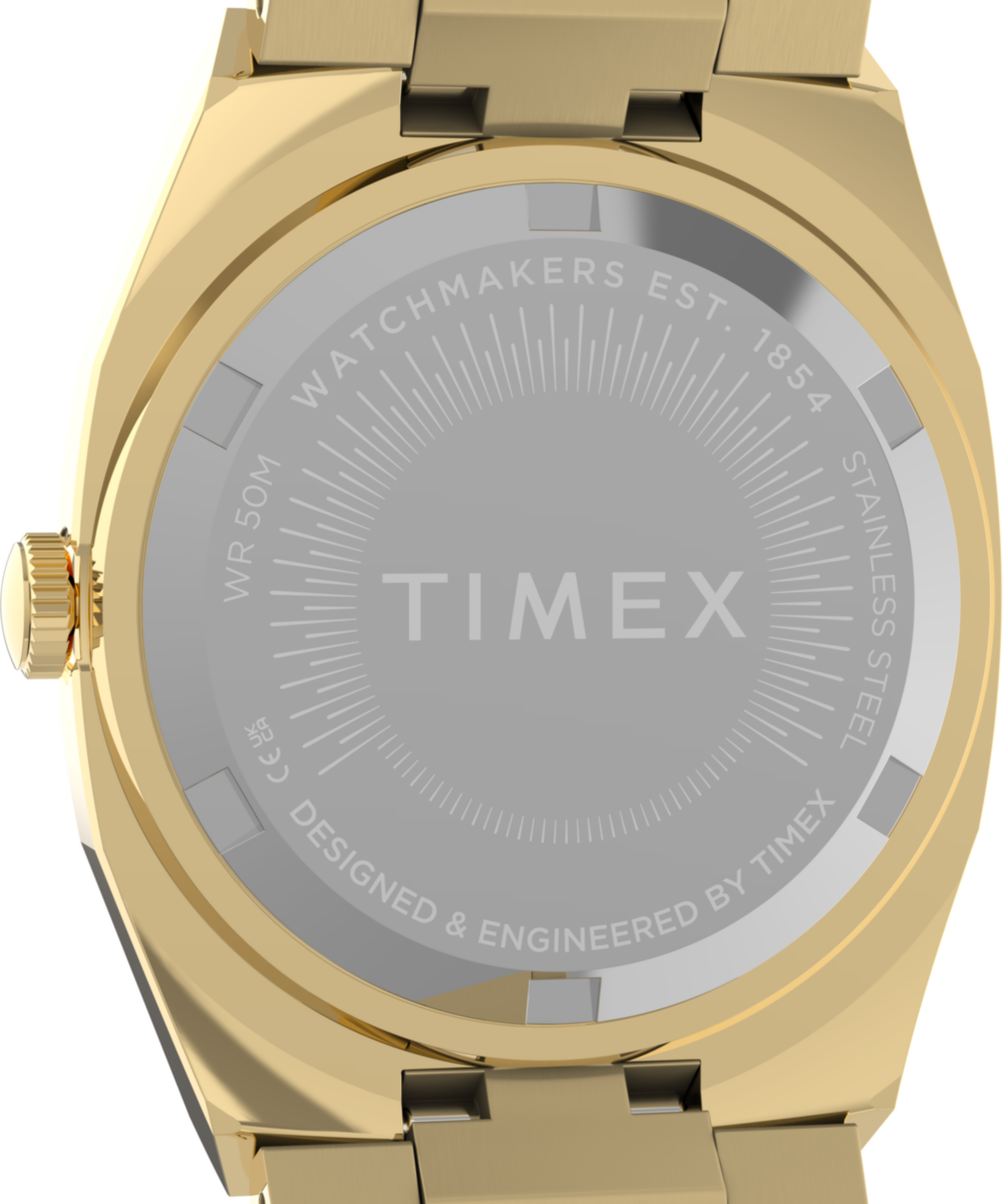 Close-up of the Timex E Line TW6A00900 champagne dial with full applied gold-tone markers