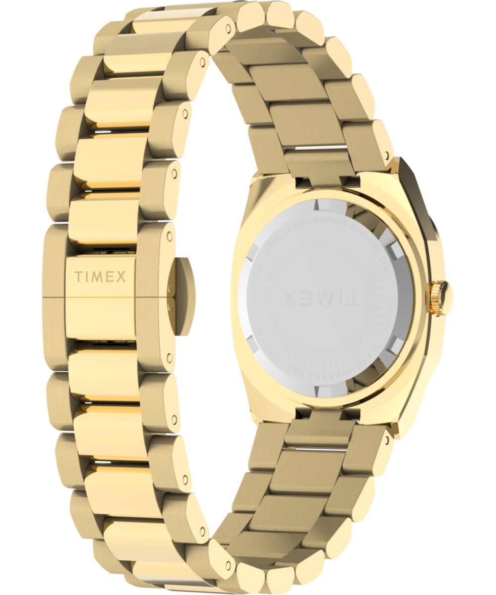 Timex E Line TW6A00900 gold-tone stainless steel bracelet and butterfly deployant clasp detail