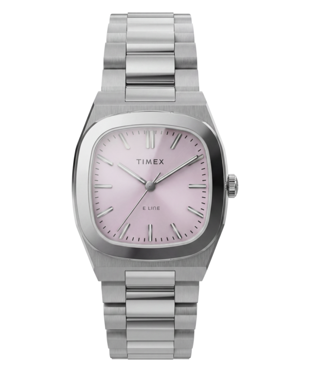 Timex E Line TW6A01000 silver-tone watch with pink dial and stainless steel bracelet, straight-on view