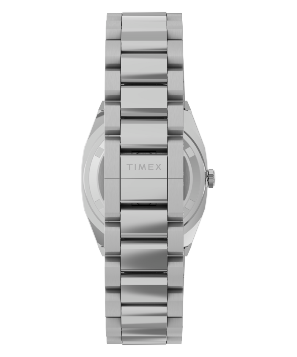 Side profile of the Timex E Line TW6A01000 showing the slim silver-tone stainless steel case