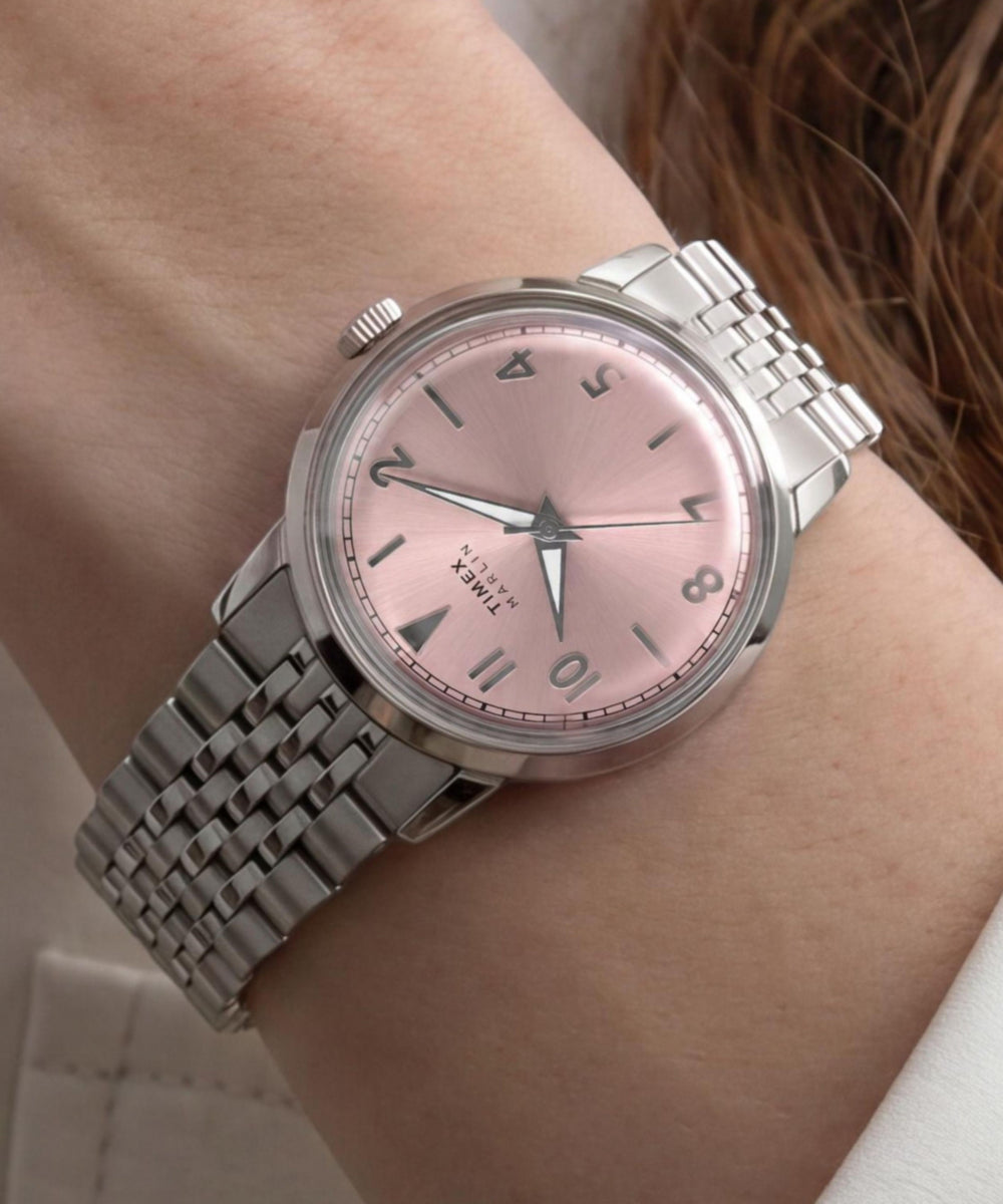 Timex Marlin Quartz 34mm, Pink dial, Silver stainless steel band