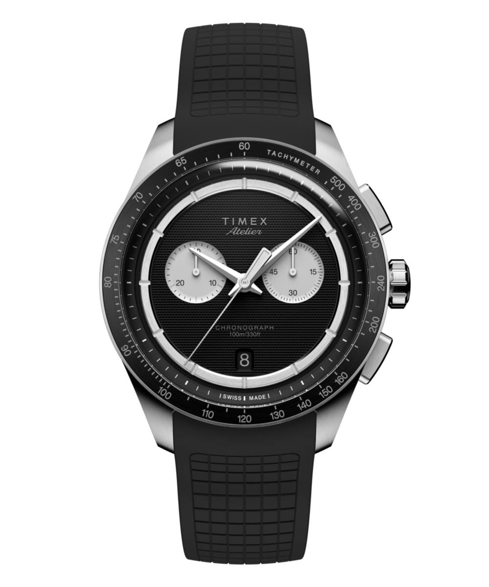 Timex Atelier Chronograph Quartz M1q TW6A07000 black guilloche dial in a 40mm stainless steel case on a black rubber strap