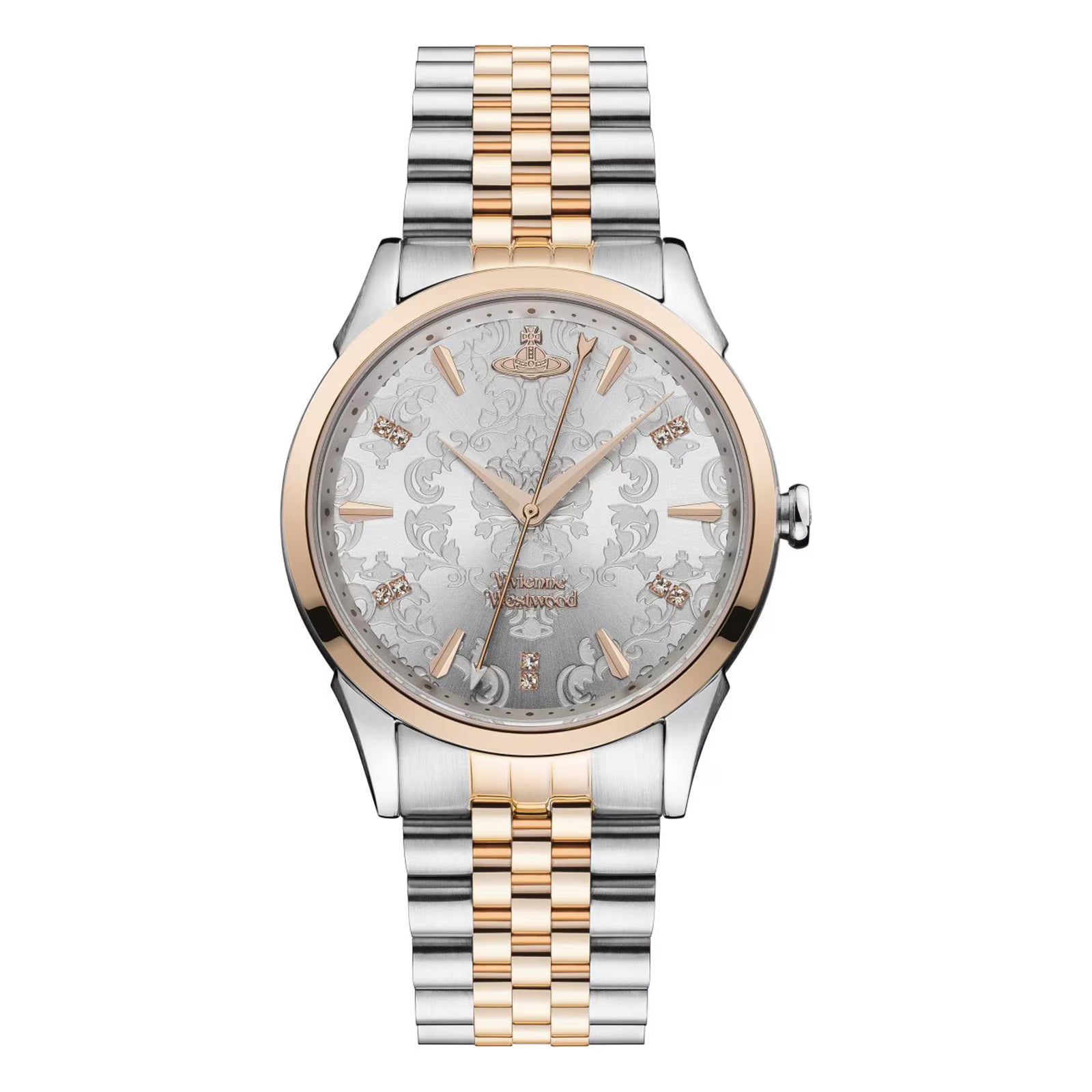 Vivienne Westwood Wallace women's watch with a silver dial and two tone stainless steel bracelet. Side profile view.