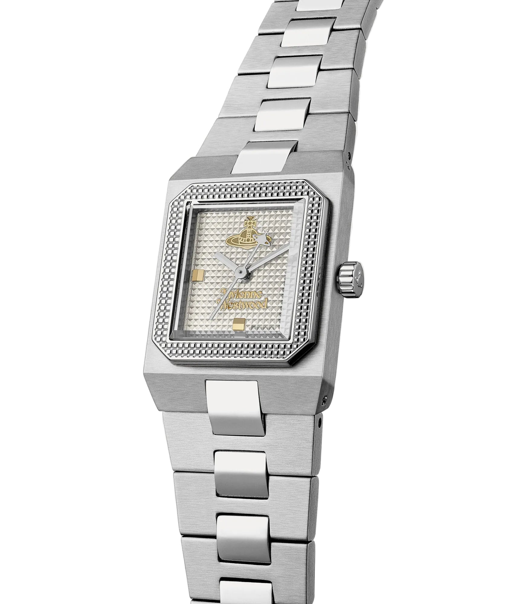 Vivienne Westwood The Brunswick women's watch with a grey dial and silver stainless steel bracelet. Side profile view.