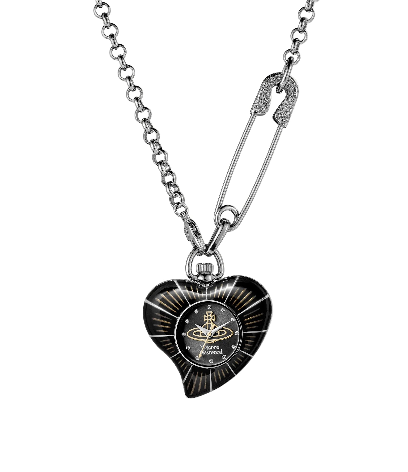 Vivienne Westwood Heart Pendant women's watch with a black dial and silver pendant chain.