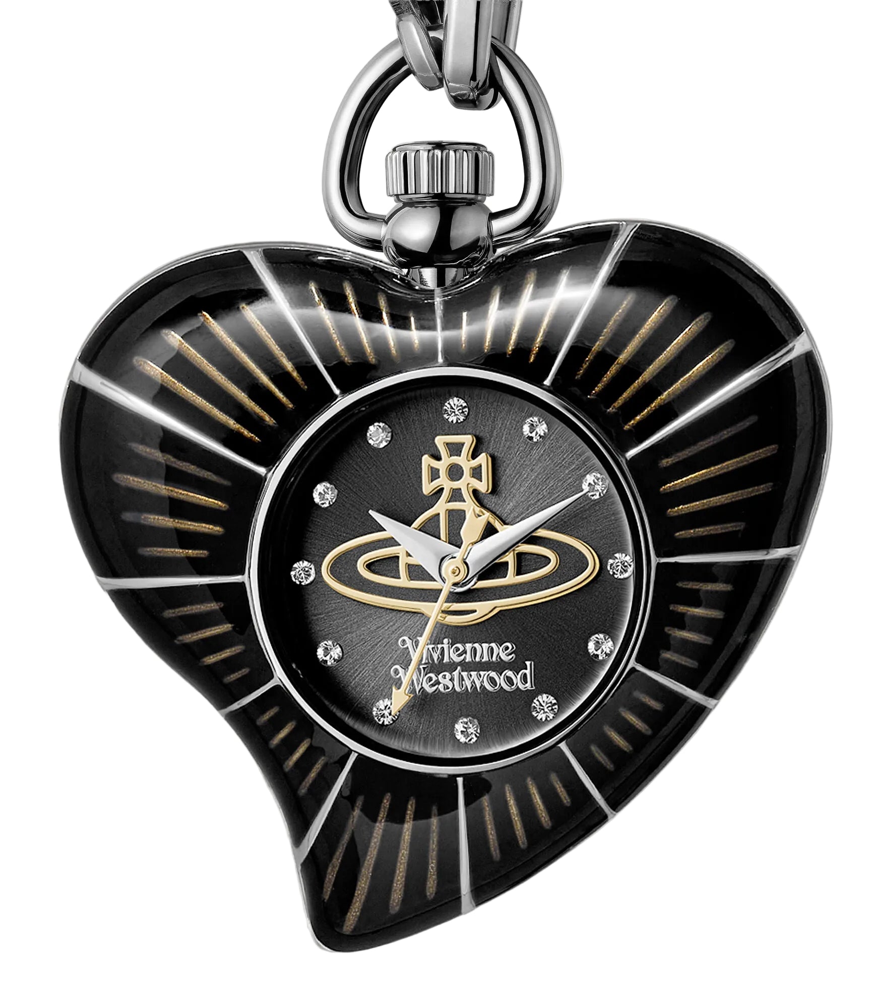 Vivienne Westwood Heart Pendant women's watch with a black dial and silver pendant chain. Side profile view.