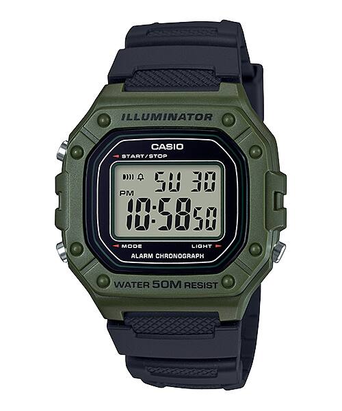 Casio Digital Black Resin Band Green Case Watch W218H-3A