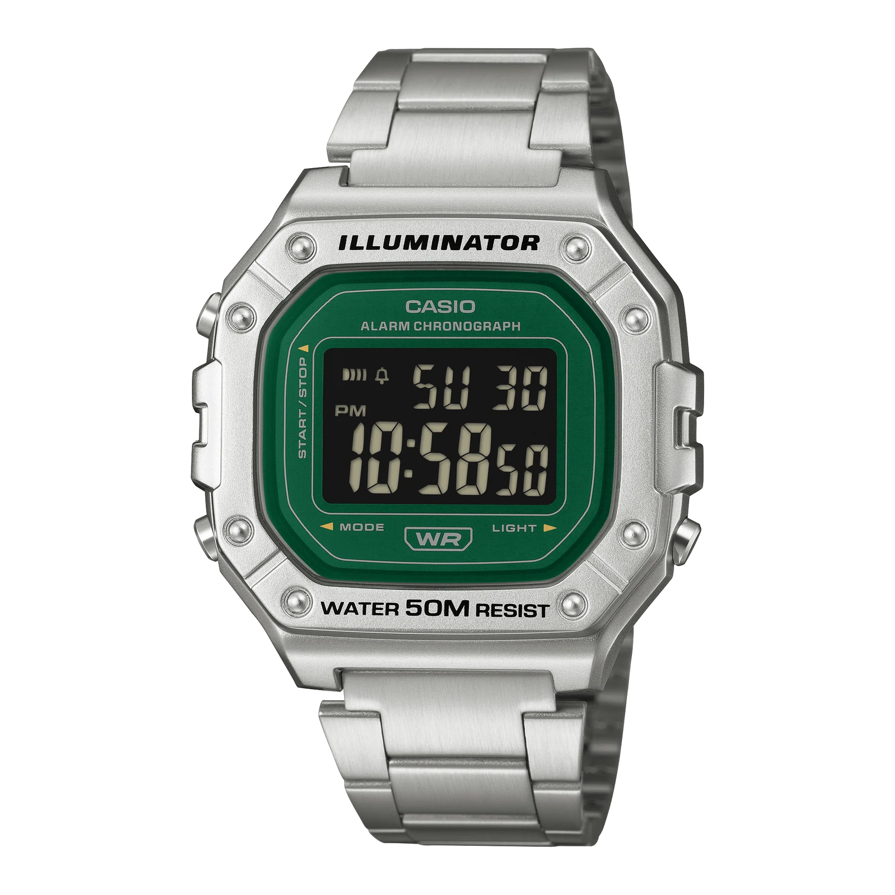 Casio Digital Silver Case and Stainless Steel Band Green Dial Watch W218HD-3A