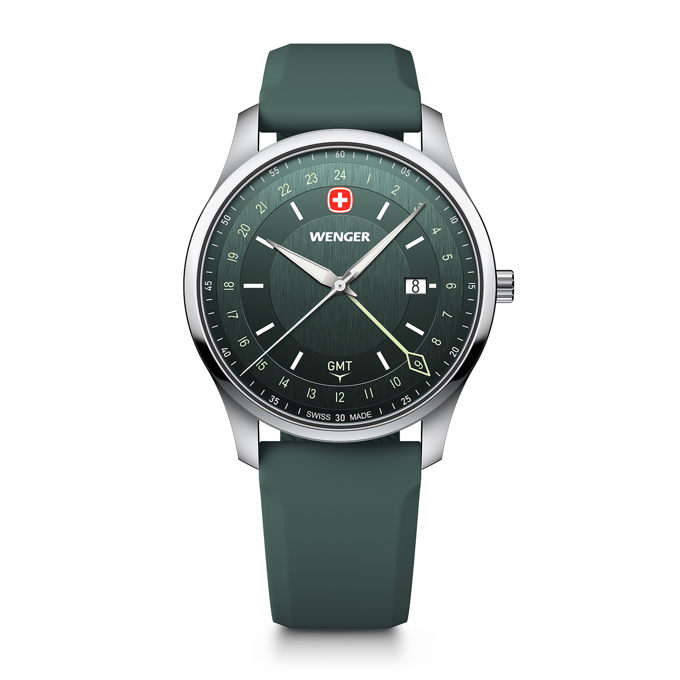 Wenger City GMT 42 01.1442.101 front view with green dial, date window and 24-hour GMT hand
