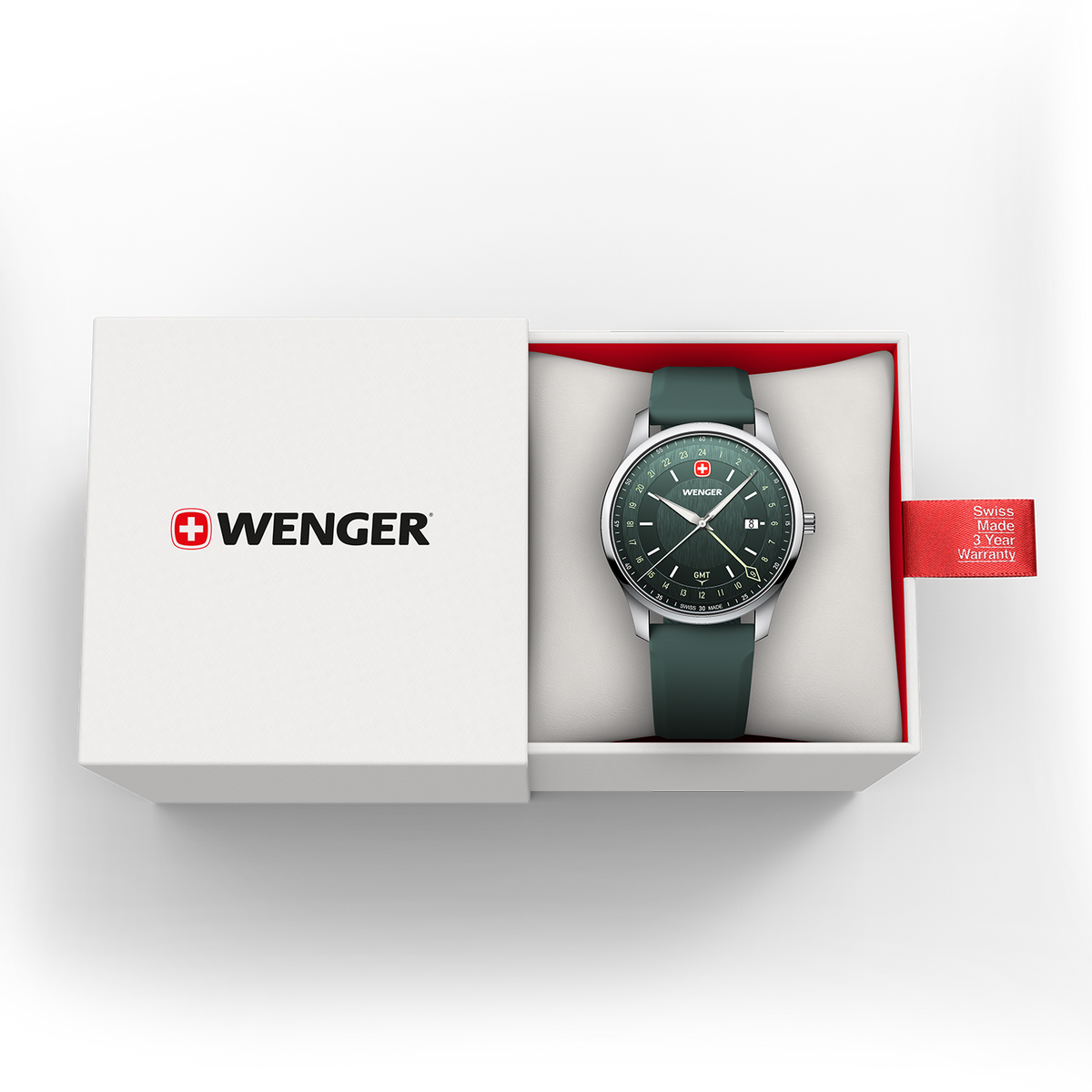 Wenger City GMT 42 01.1442.101 product view of the green silicone strap and stainless steel buckle