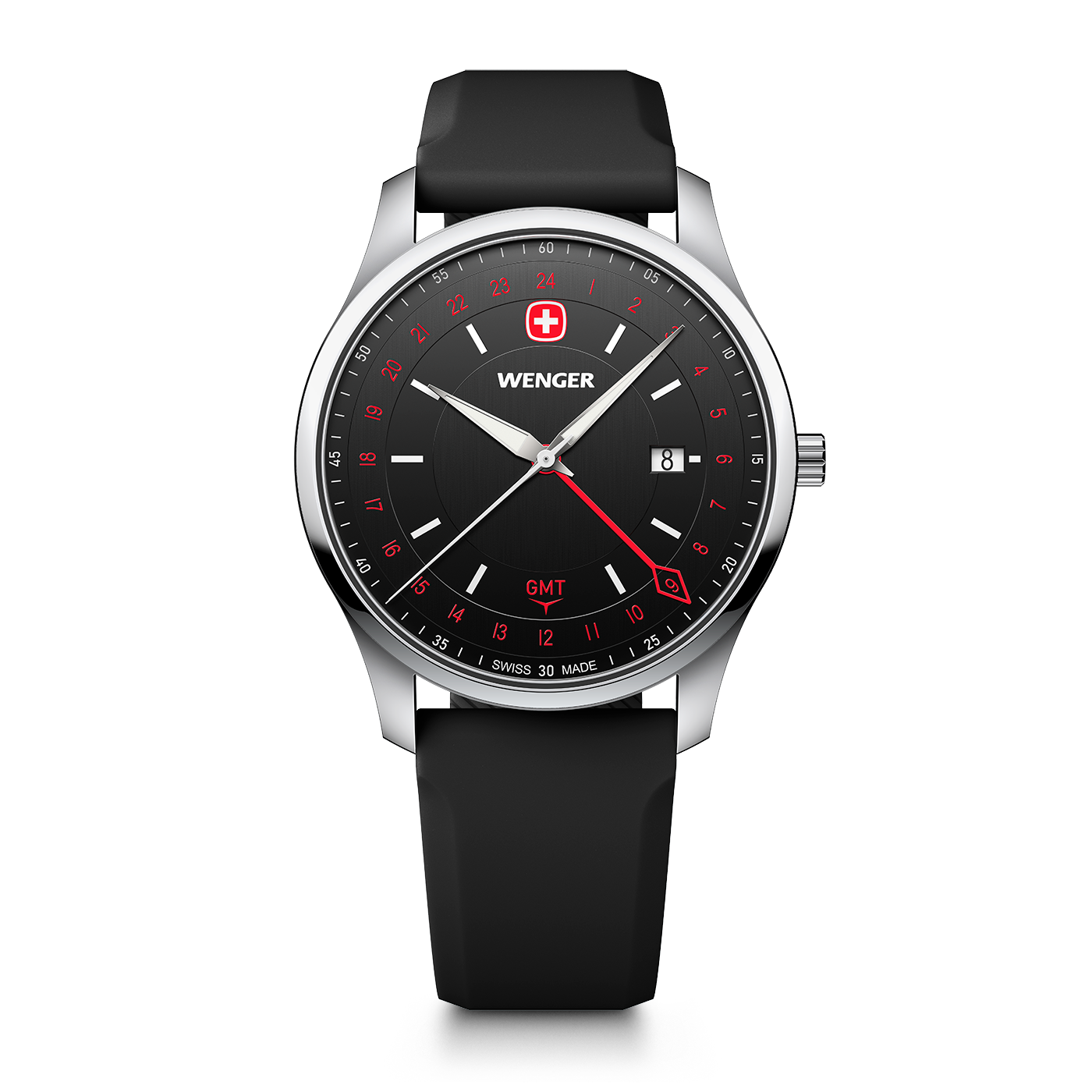 Wenger City GMT 42 01.1442.102 front view with brushed black dial, date window and 24-hour GMT hand