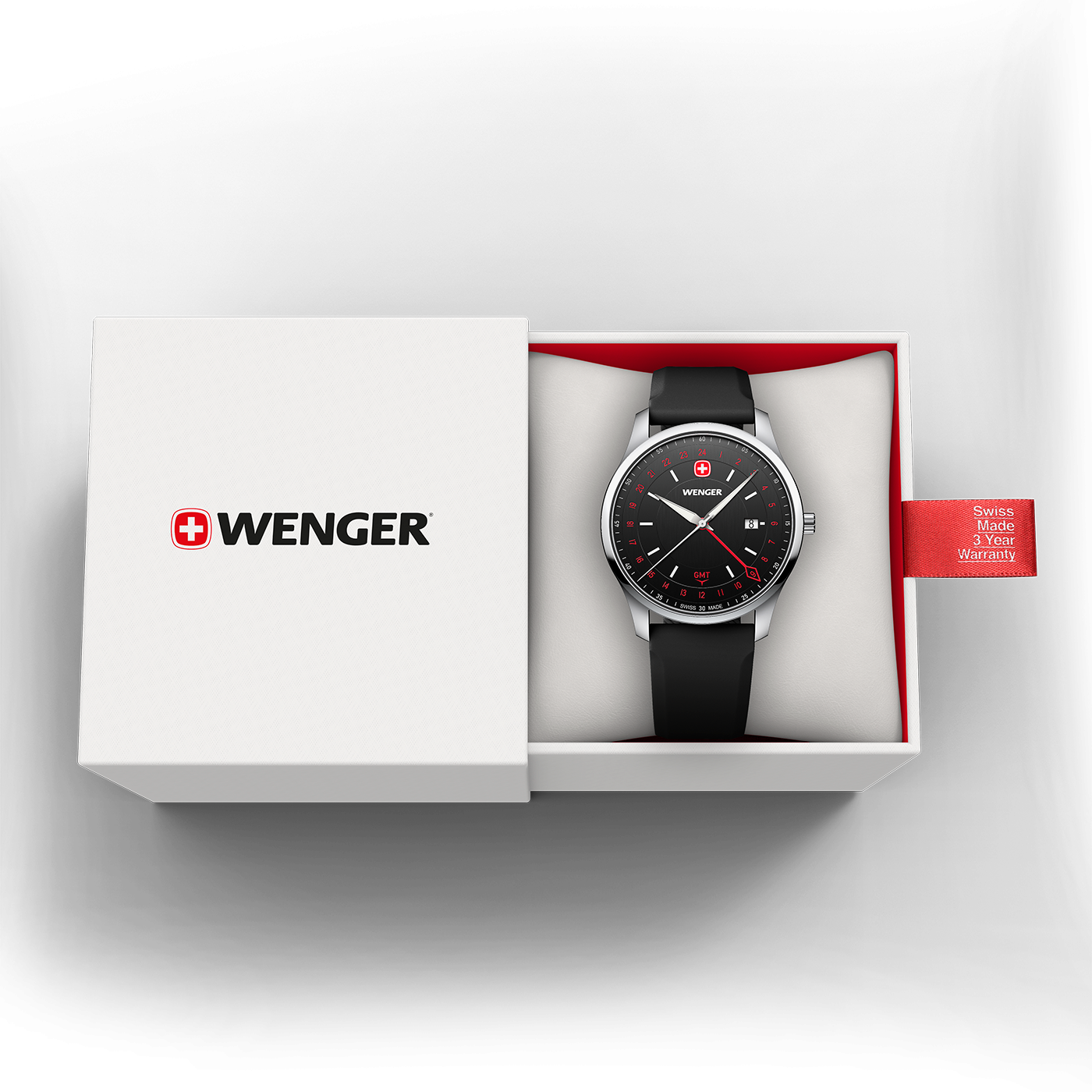 Wenger City GMT 42 01.1442.102 product view of the black silicone strap and stainless steel buckle