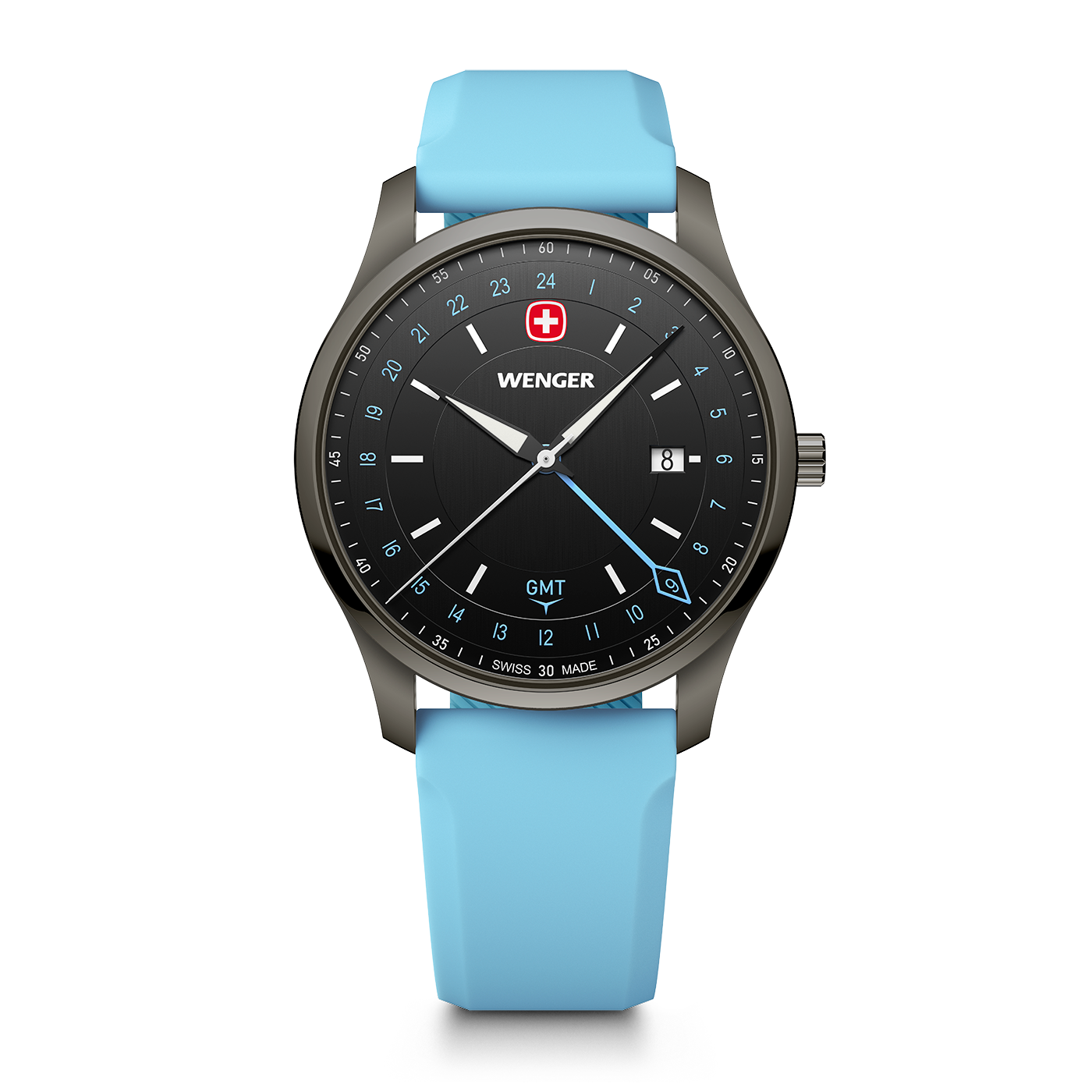 Wenger City GMT 42 01.1442.103 front view with black dial, blue strap and 24-hour GMT hand