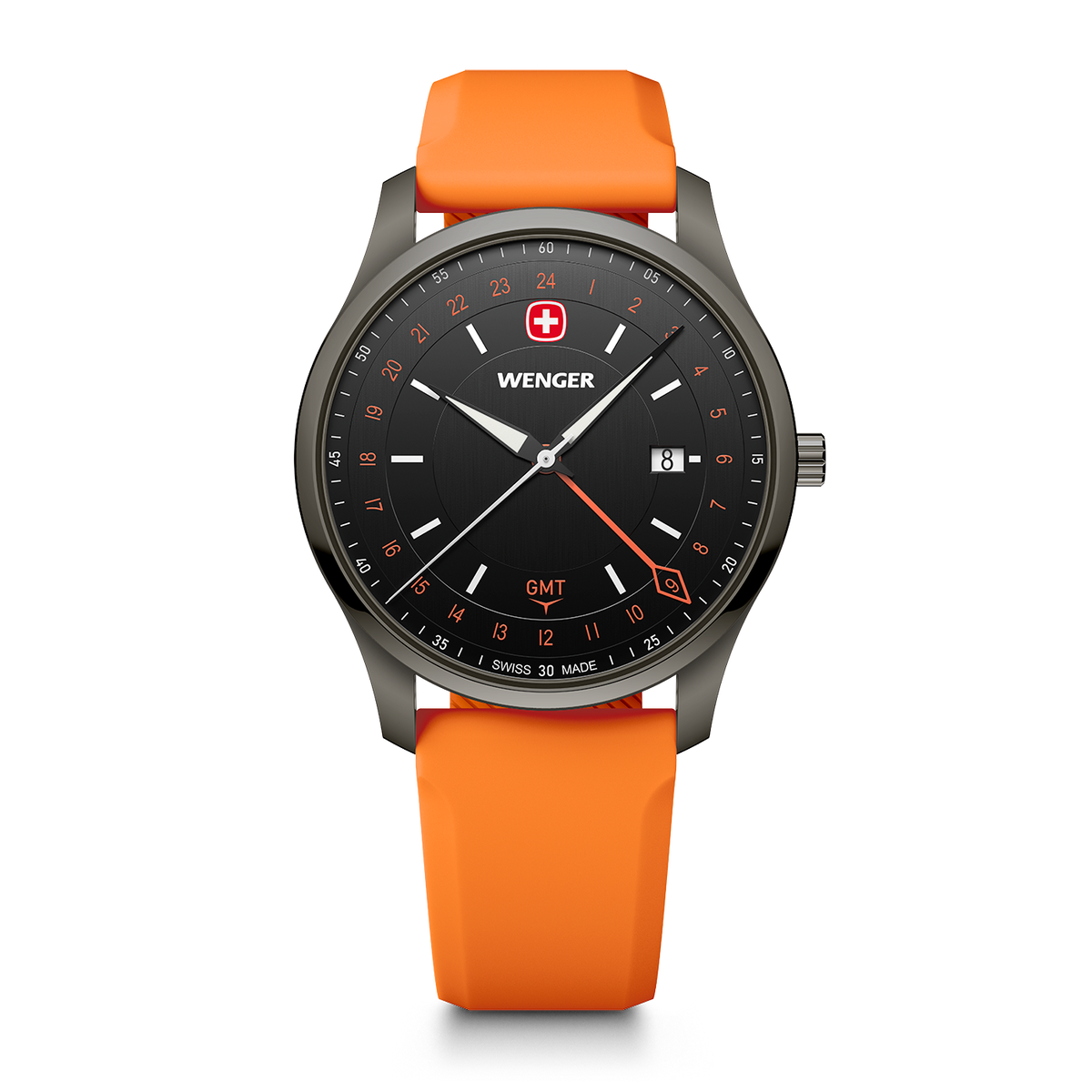 Wenger City GMT 42 01.1442.104 front view with black dial, orange strap and 24-hour GMT hand