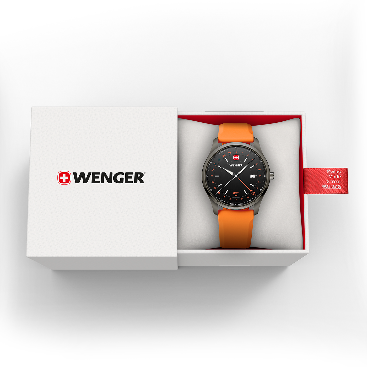 Wenger City GMT 42 01.1442.104 product view of the orange silicone strap and buckle