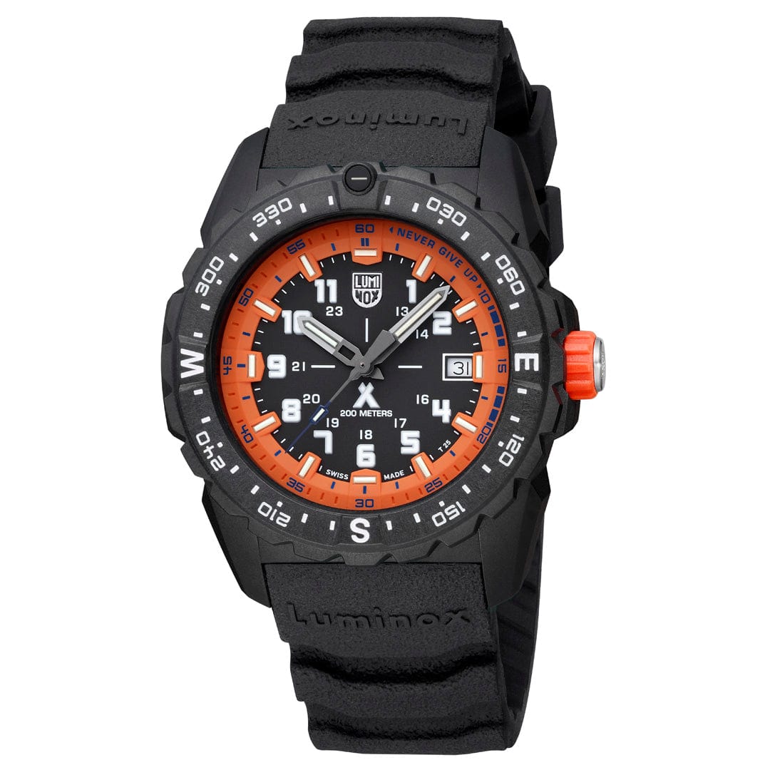 Rugged black wristwatch with an orange and black dial and rotating bezel.