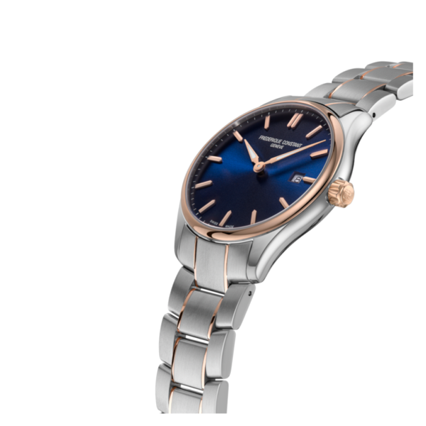 Wristwatch with a blue dial, rose gold accents, and a silver metal bracelet.