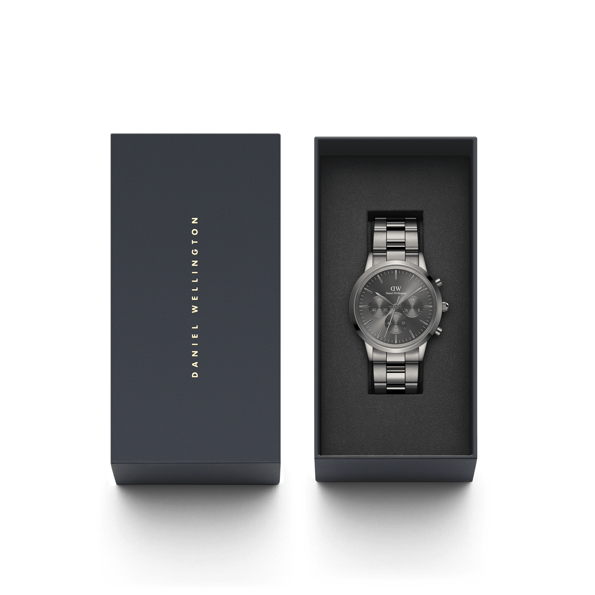 Sleek silver chronograph wristwatch in a dark presentation box.